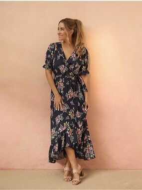 LC Lauren Conrad Navy Blue Floral Cottagecore Maxi Ruffle Tie Waist Dress Large